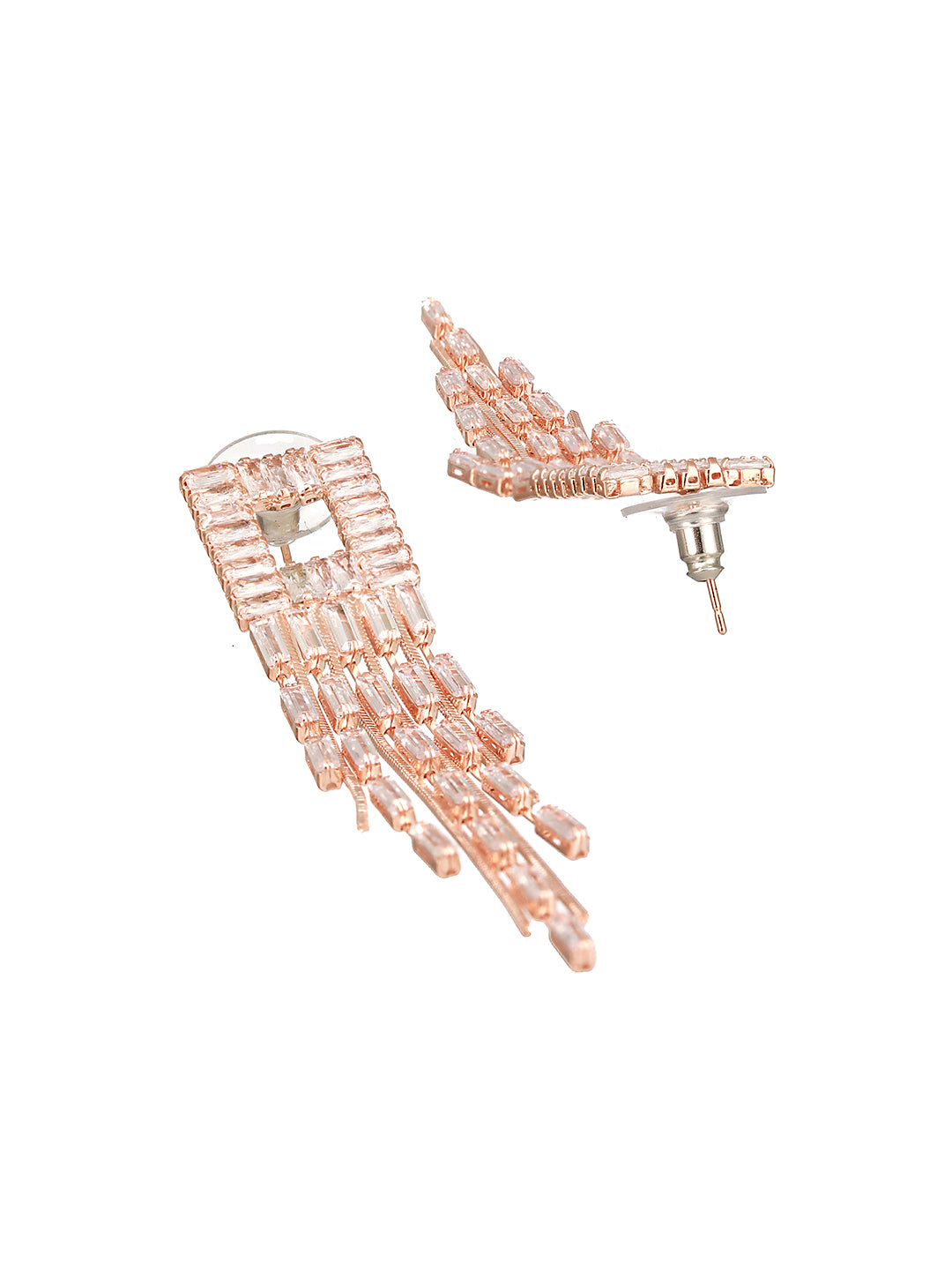 JAZZ AND SIZZLE Rosegold-Plated CZ Studded Contemporary Drop Earrings - Jazzandsizzle