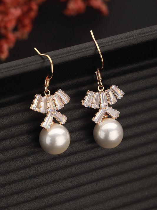 JAZZ AND SIZZLE Silver-Toned & White Floral Shaped Pearl Drop Hoop Earrings - Jazzandsizzle