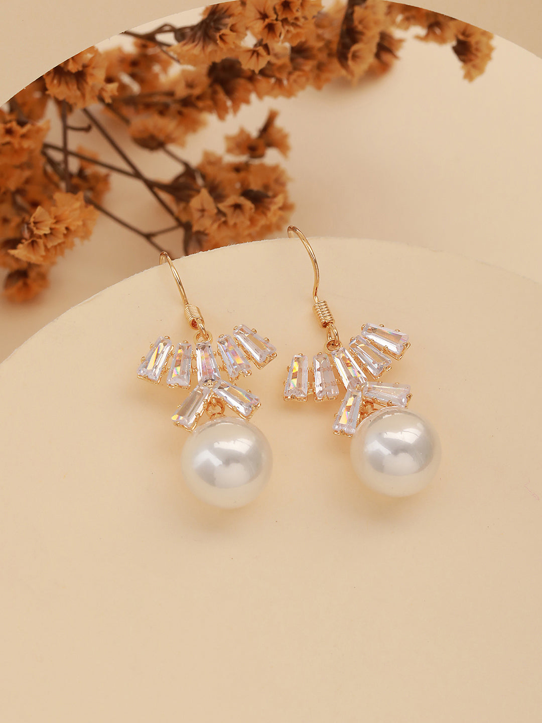 JAZZ AND SIZZLE Silver-Toned & White Floral Shaped Pearl Drop Hoop Earrings - Jazzandsizzle