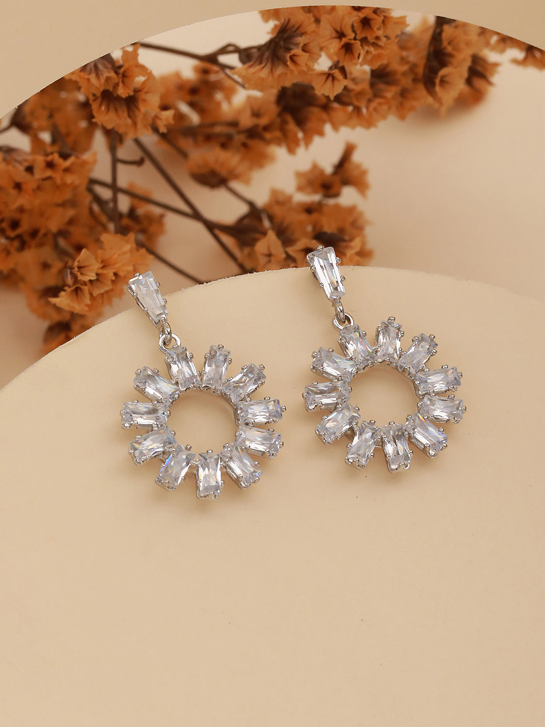 JAZZ AND SIZZLE Silver-Toned Rhodium-Plated CZ Studded Contemporary Drop Earrings - Jazzandsizzle