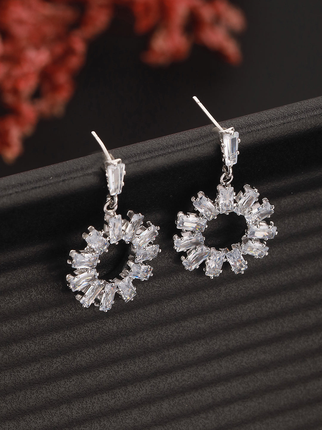 JAZZ AND SIZZLE Silver-Toned Rhodium-Plated CZ Studded Contemporary Drop Earrings - Jazzandsizzle