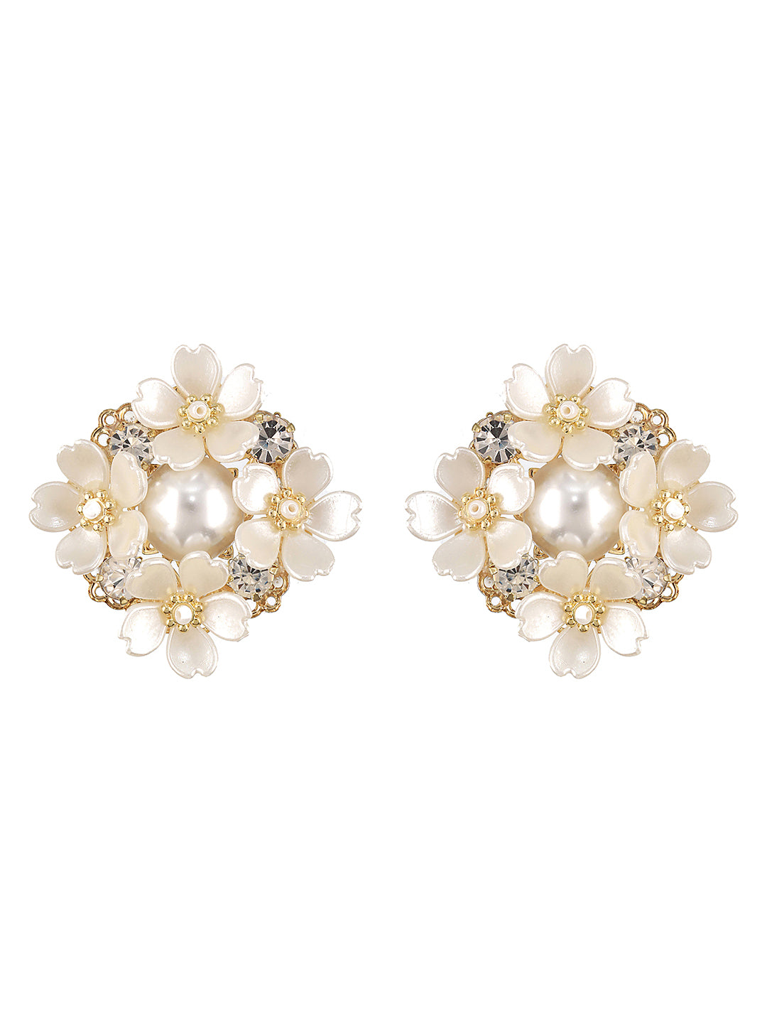 JAZZ AND SIZZLE Gold-Plated Artificial flower &amp; Pearl Studded Contemporary Stud Earrings