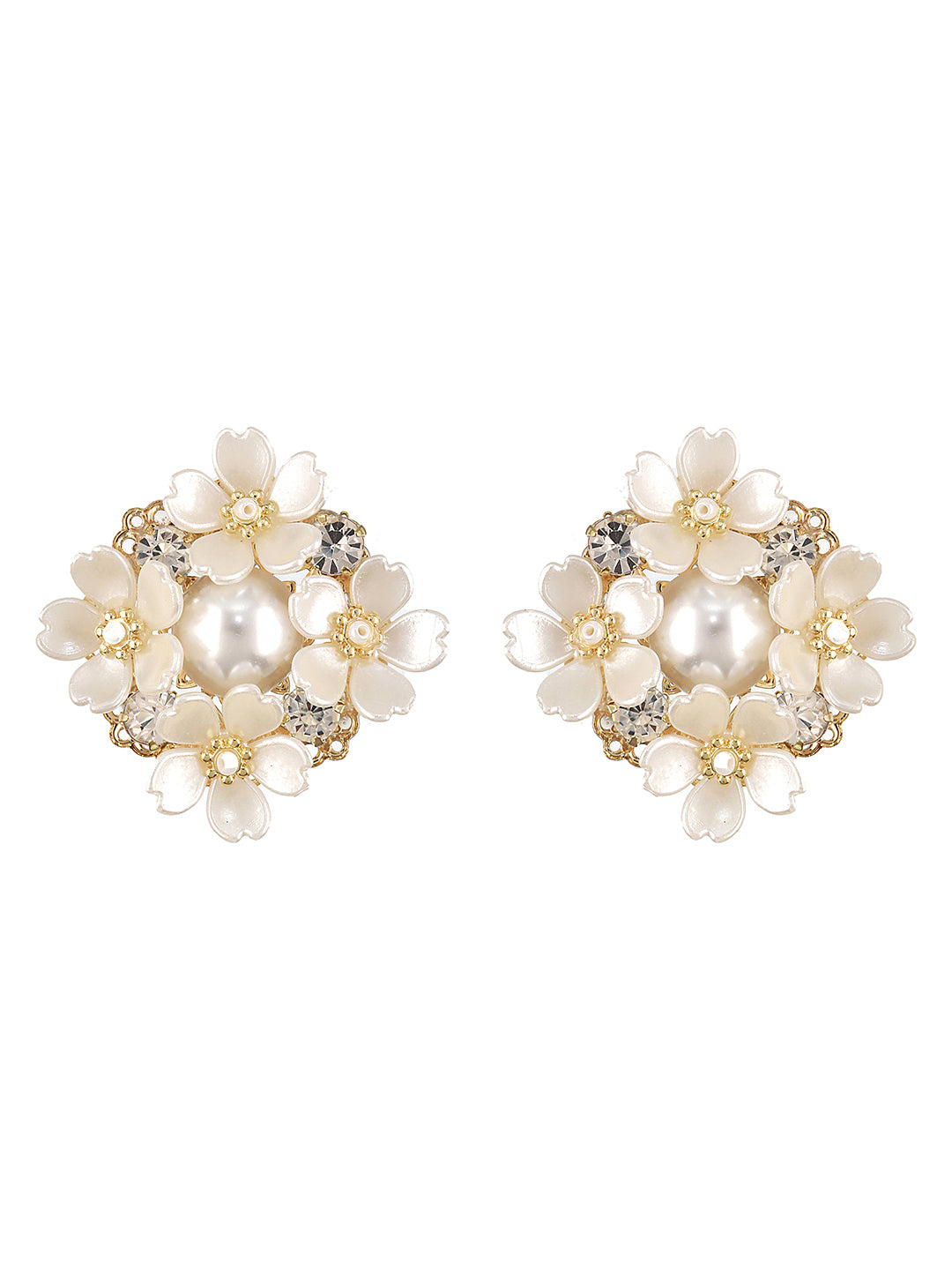 JAZZ AND SIZZLE Gold-Plated Artificial flower &amp; Pearl Studded Contemporary Stud Earrings