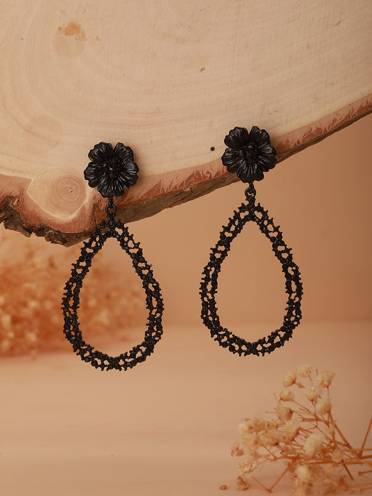 JAZZ AND SIZZLE Black-Toned & Black Contemporary Tear Drop Earrings - Jazzandsizzle