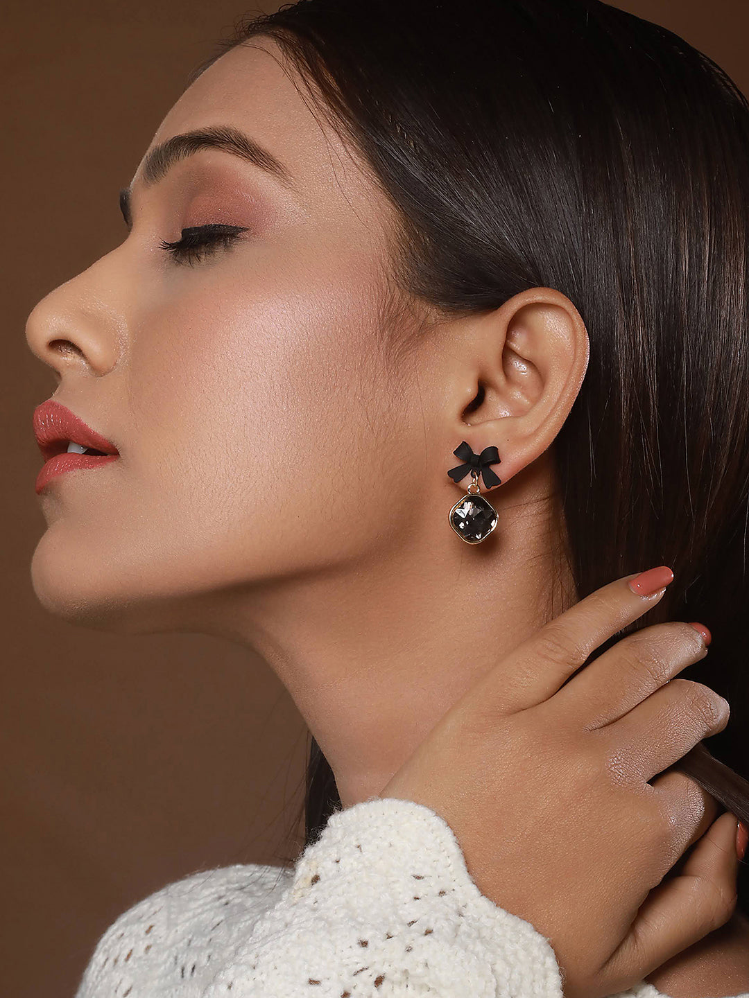 Jazz and Sizzle Black-Toned & Rhodium-Plated Cz Bow-Shaped Pearl Drop Earrings