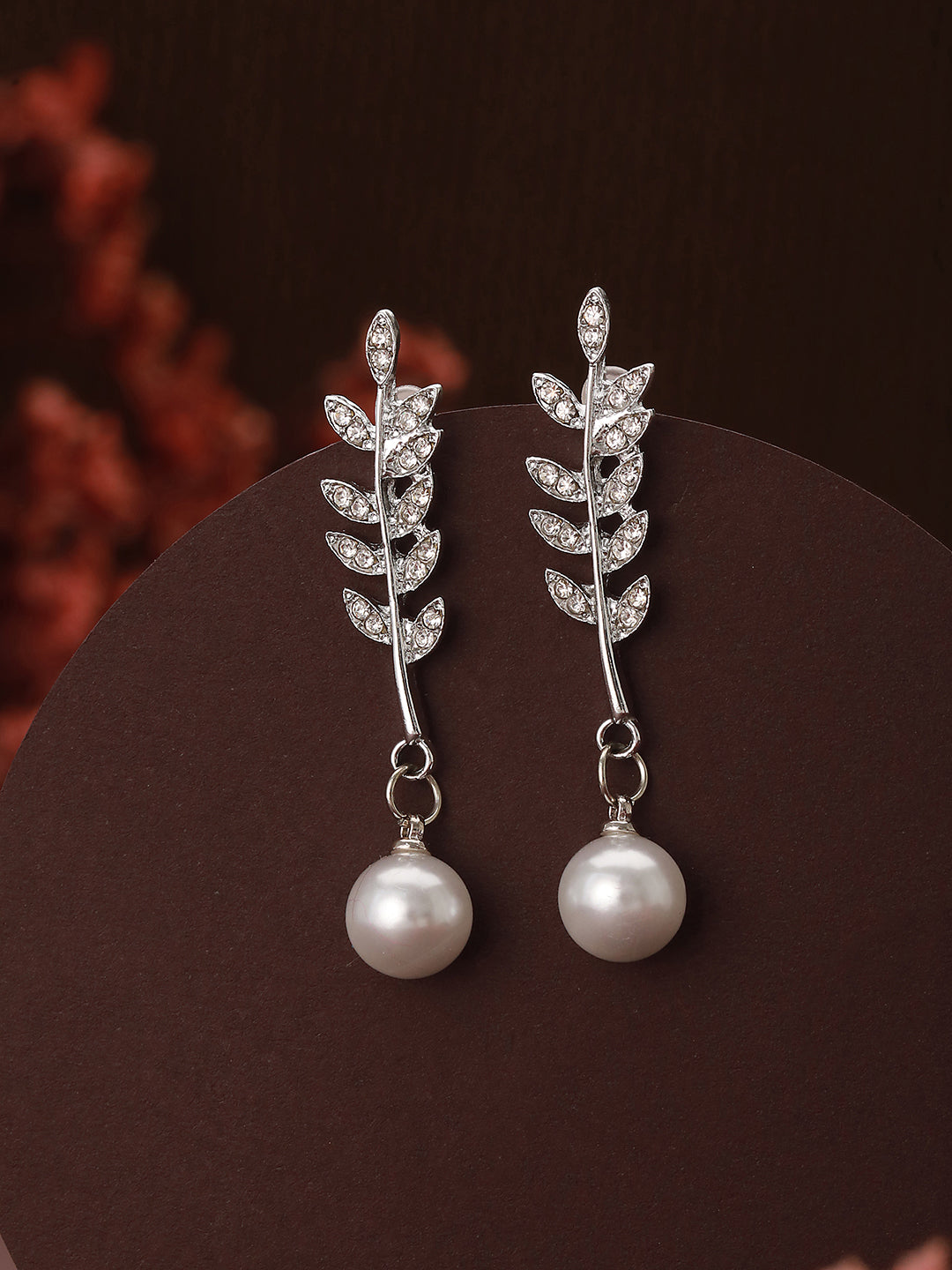 Silver-Toned & Rhodium-Plated Cz Bow-Shaped Pearl Drop Earrings