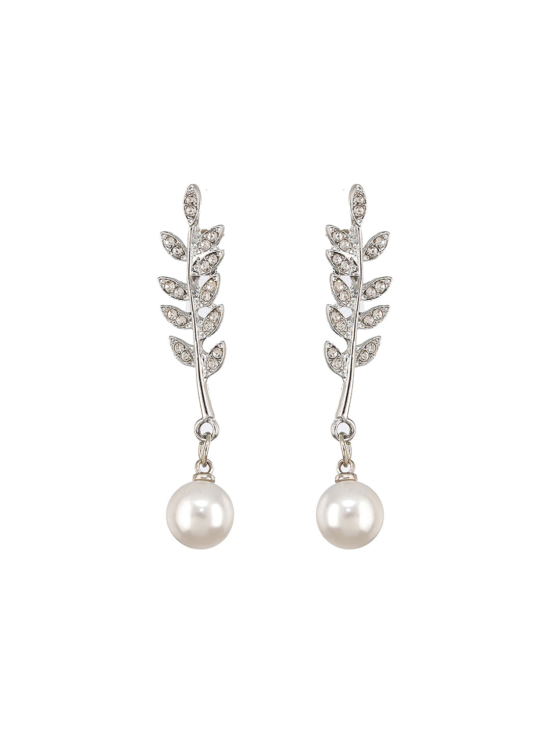 Silver-Toned & Rhodium-Plated Cz Bow-Shaped Pearl Drop Earrings