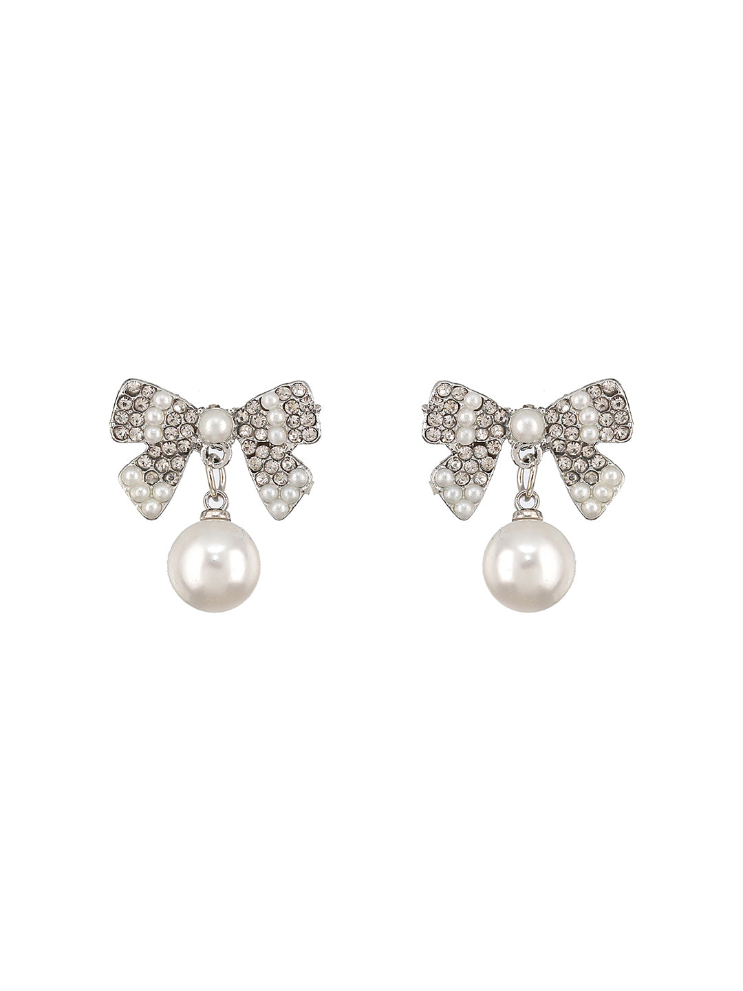 Silver-Toned & Rhodium-Plated Cz Bow-Shaped Pearl Drop Earrings