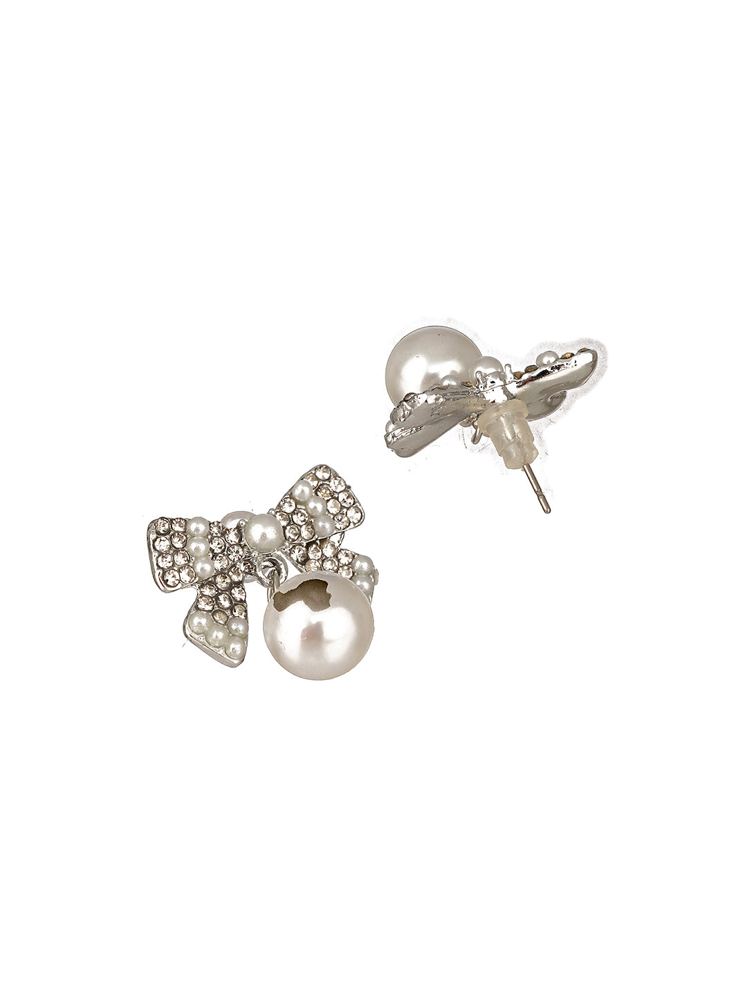 Silver-Toned & Rhodium-Plated Cz Bow-Shaped Pearl Drop Earrings