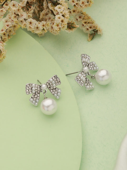 Silver-Toned & Rhodium-Plated Cz Bow-Shaped Pearl Drop Earrings