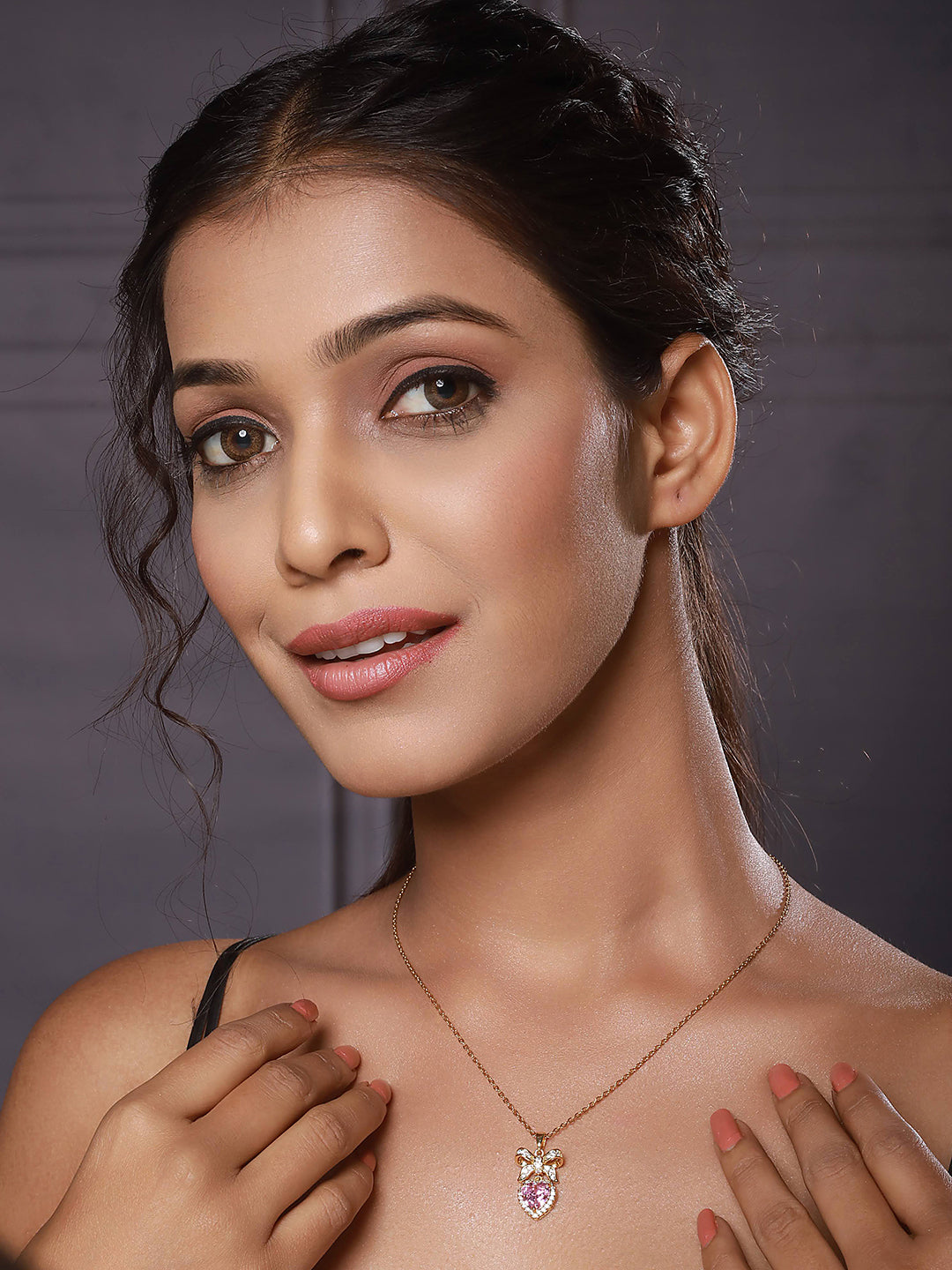 Jazz & Sizzle Gold-Plated Pink Heart Bow Pendant Necklace for Women