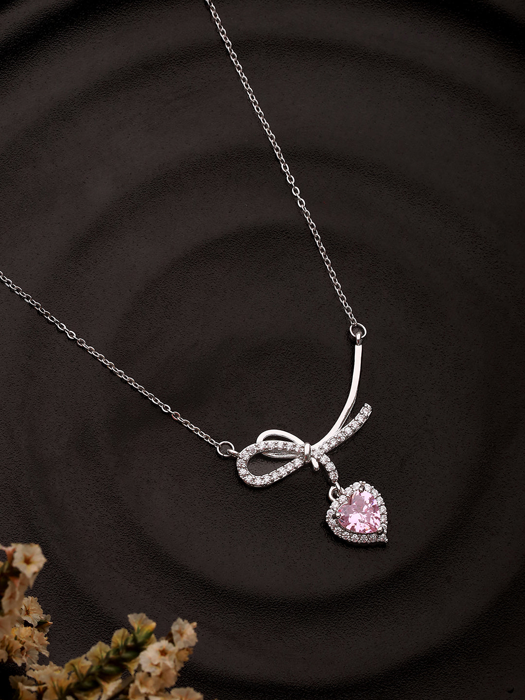 Jazz and Sizzle Silver-Plated Pink Heart Bow Pendant Necklace for Women