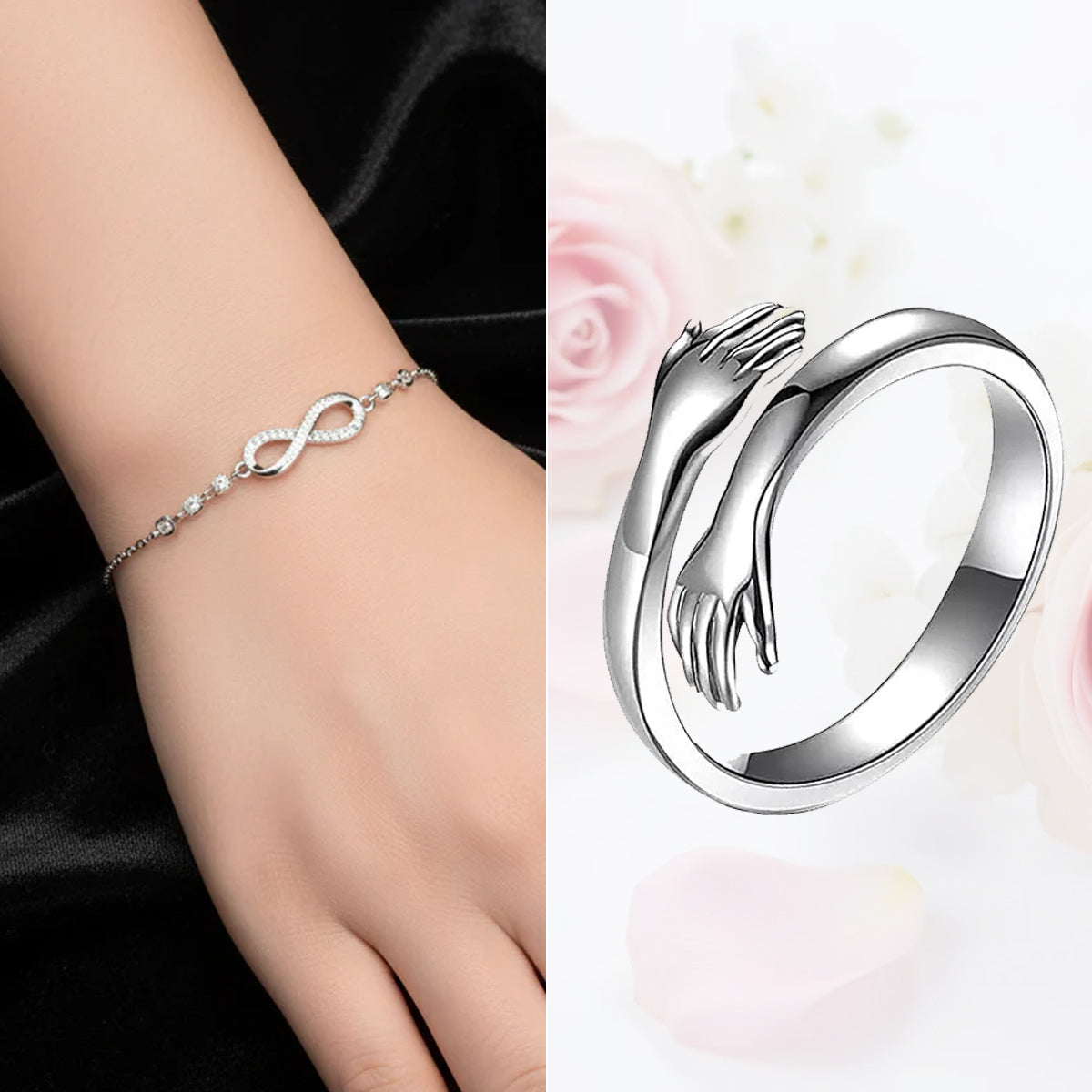 Silver Plated CZ Studded Infinity Adjustable Bracelet and Hug Ring Combo