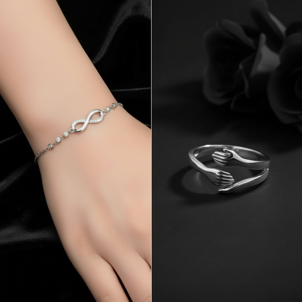 Silver Plated CZ Studded Infinity Adjustable Bracelet and Hug Ring Combo