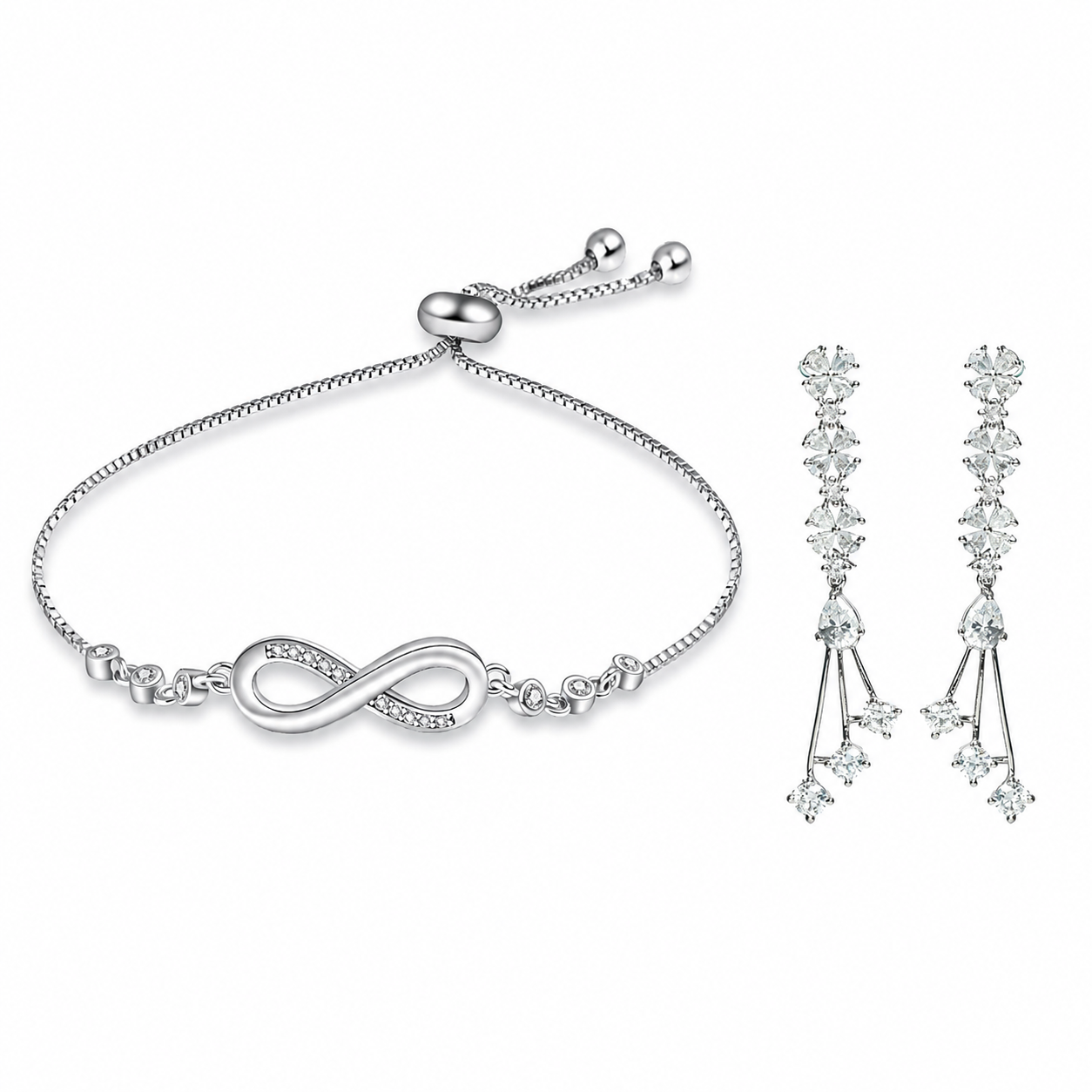 Silver-Toned Infinity Bracelet & Crystal Drop Earrings Combo Set for Women-WJ-JS26-ER0244