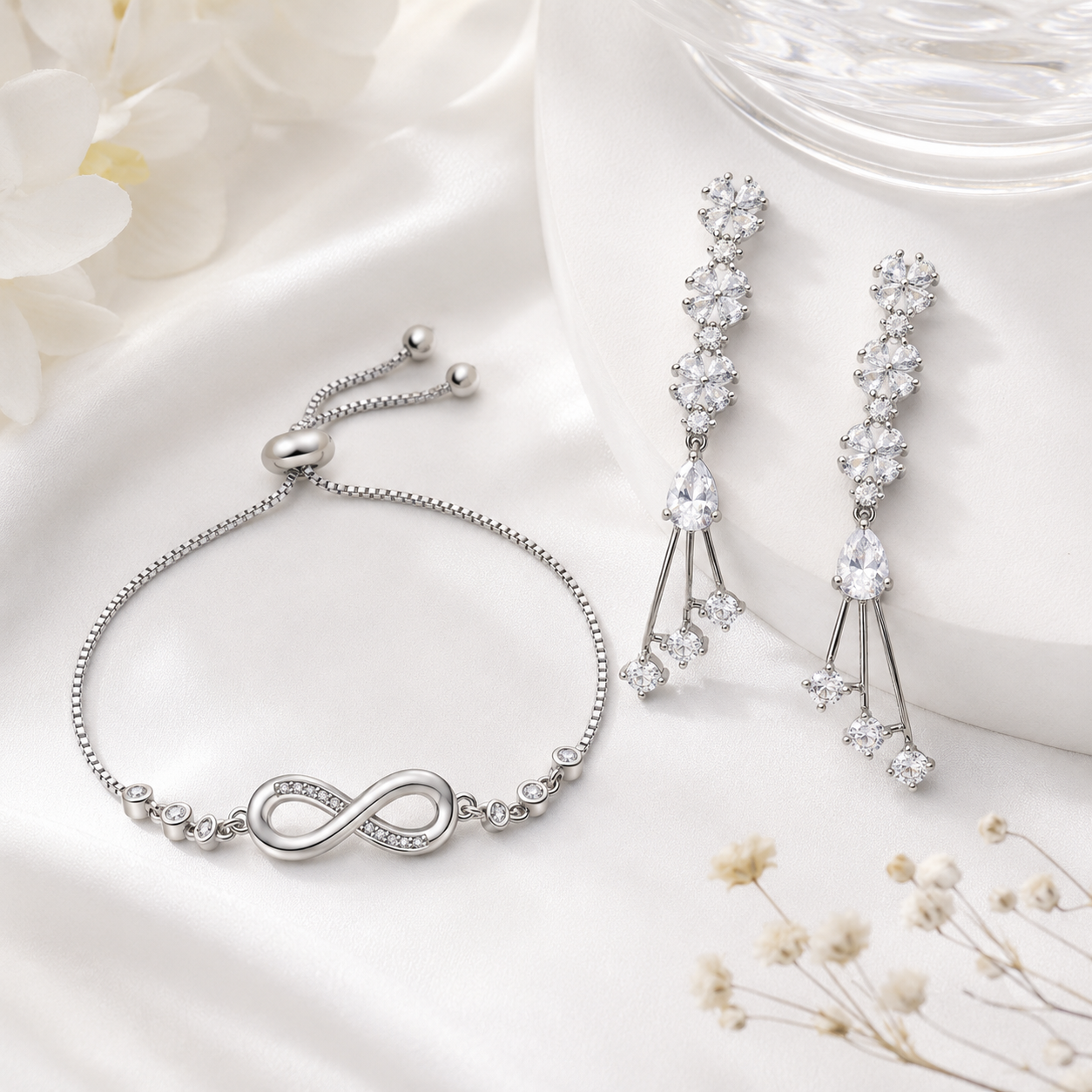 Silver-Toned Infinity Bracelet & Crystal Drop Earrings Combo Set for Women-WJ-JS26-ER0244
