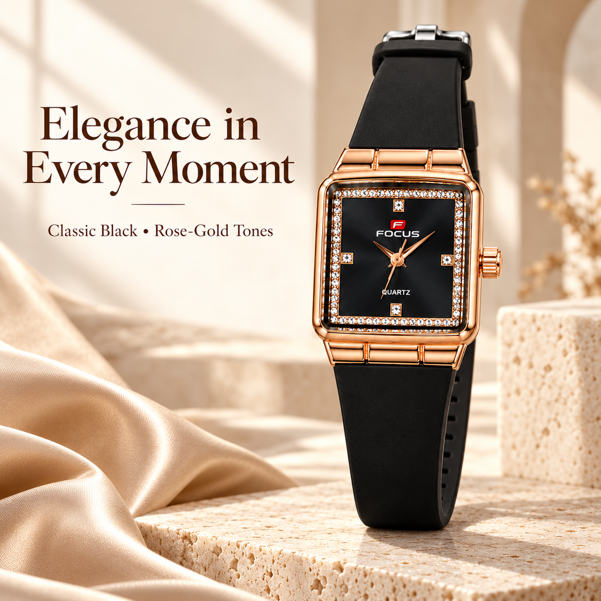 Women’s Rose Gold-Toned Rectangular Black Dial Watch -WJ-JS26-LD0053