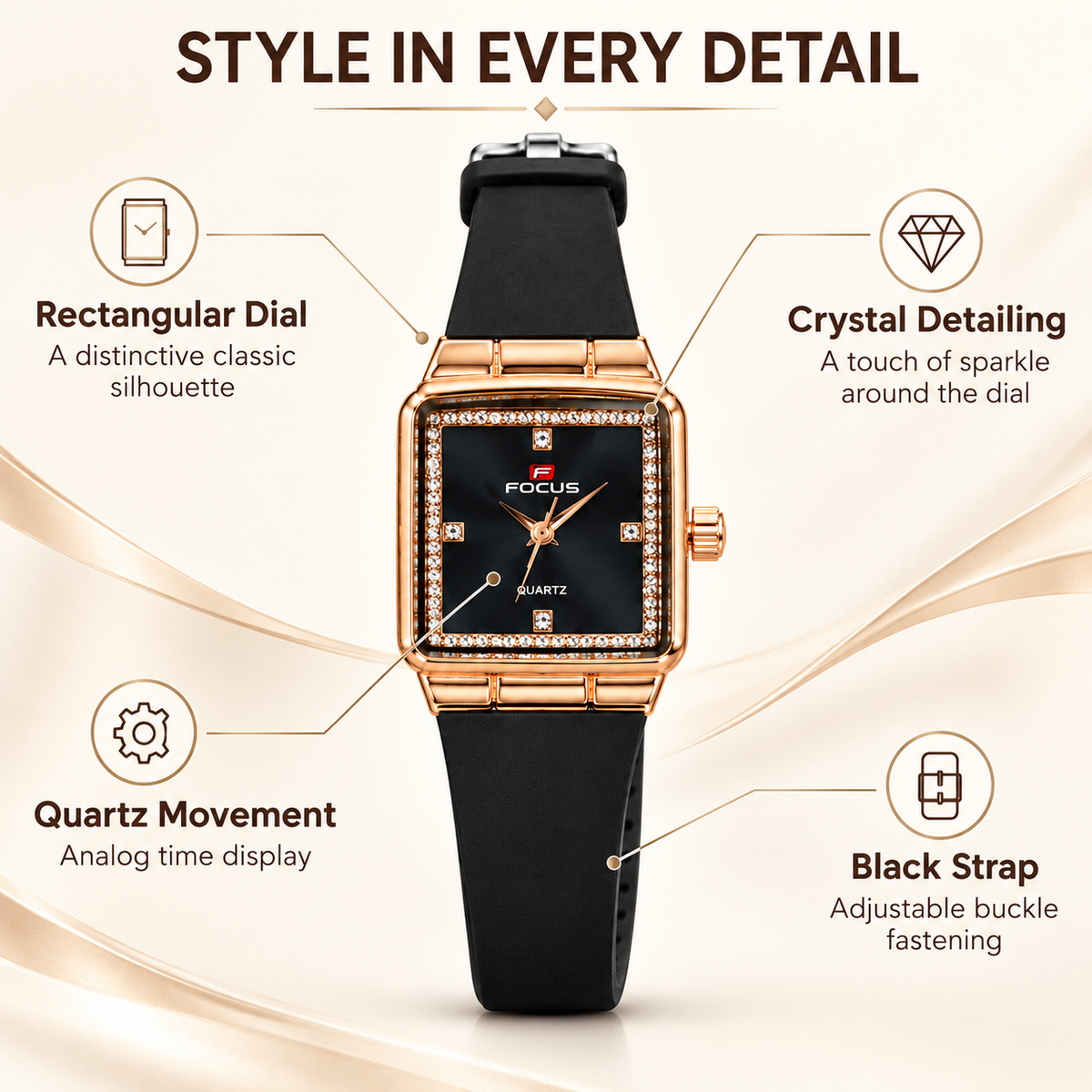 Women’s Rose Gold-Toned Rectangular Black Dial Watch -WJ-JS26-LD0053