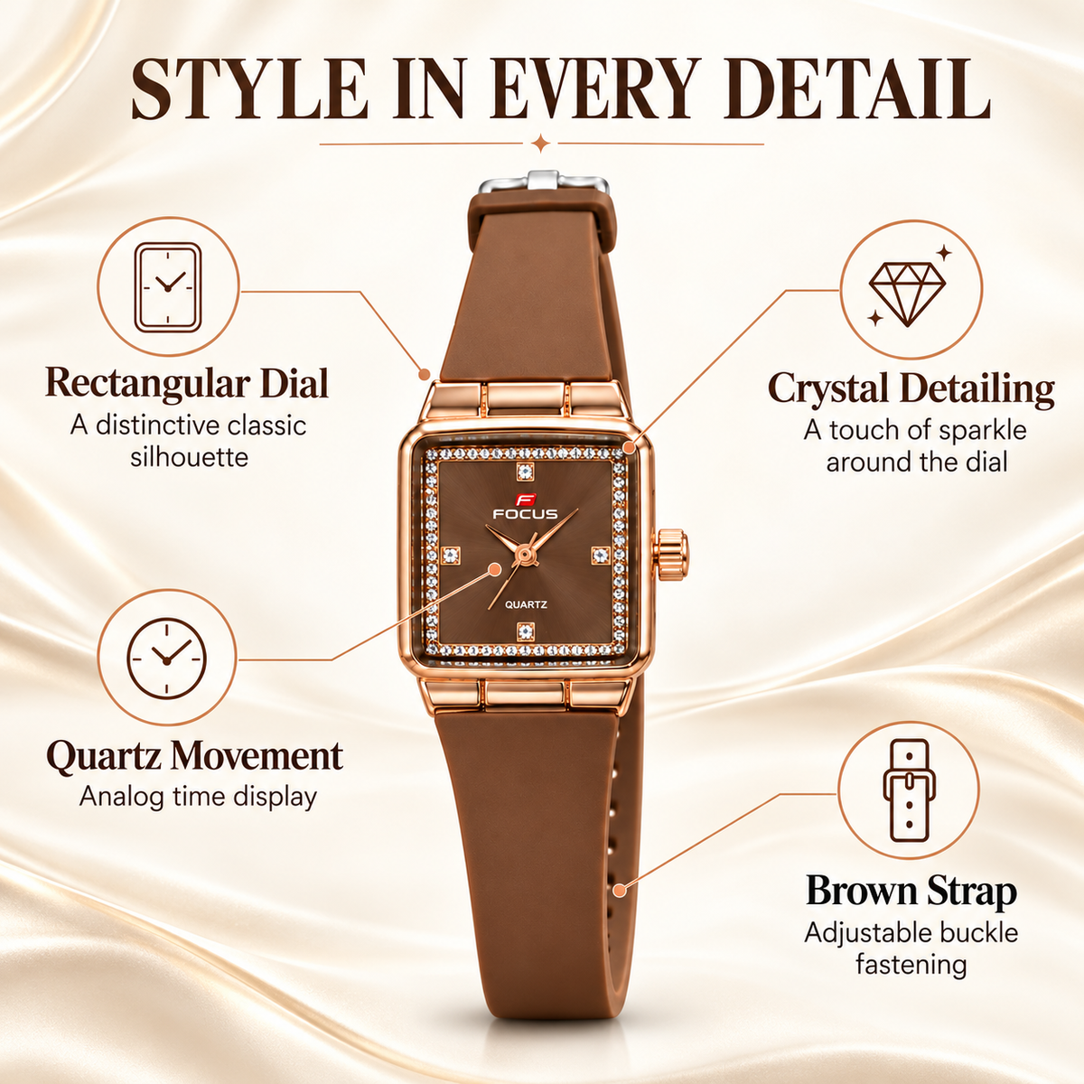 Women’s Rose Gold-Toned Rectangular Brown Dial Watch -WJ-JS26-LD0054