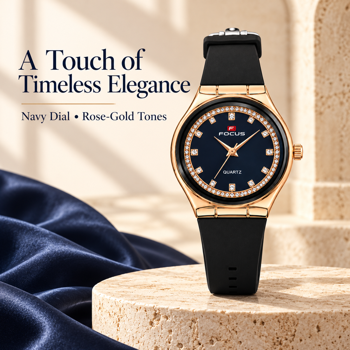 Product Name Women’s Rose Gold-Toned Round Navy Dial Watch with Black Strap-WJ-JS26-LD0055