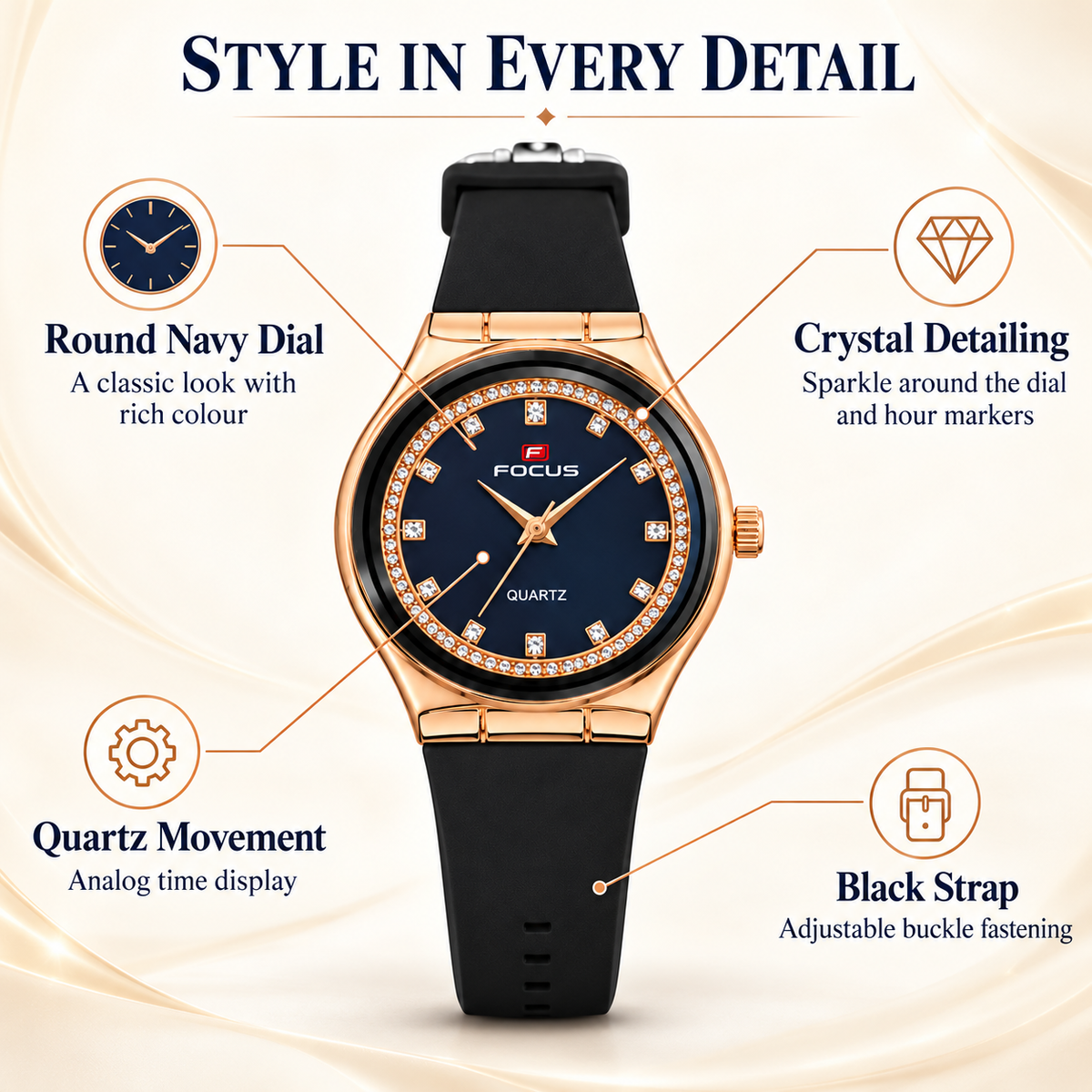 Product Name Women’s Rose Gold-Toned Round Navy Dial Watch with Black Strap-WJ-JS26-LD0055
