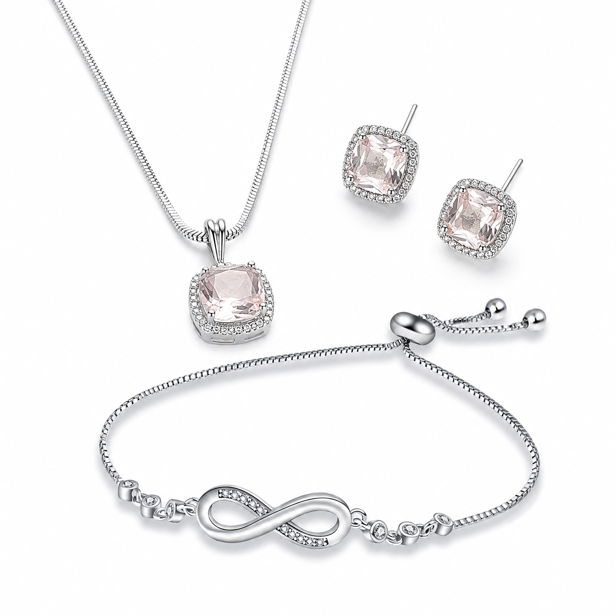 Silver-Toned Pink Crystal Pendant Necklace, Stud Earrings & Infinity Bracelet Combo Set for Women-WJ-JS26-NL0182