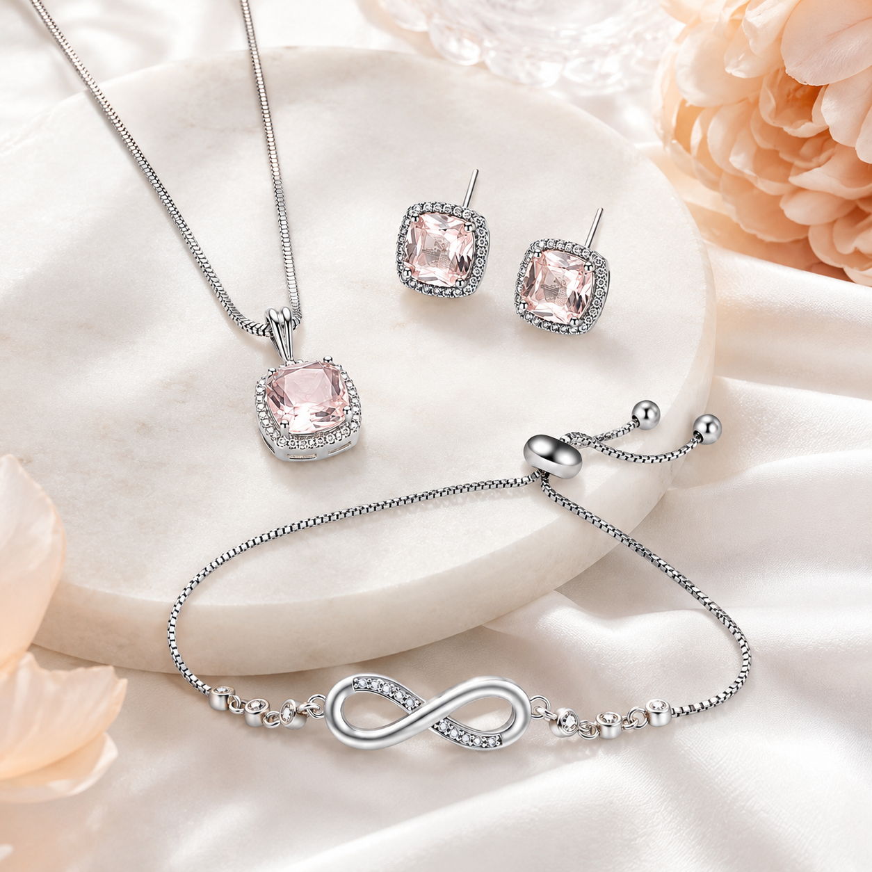 Silver-Toned Pink Crystal Pendant Necklace, Stud Earrings & Infinity Bracelet Combo Set for Women-WJ-JS26-NL0182