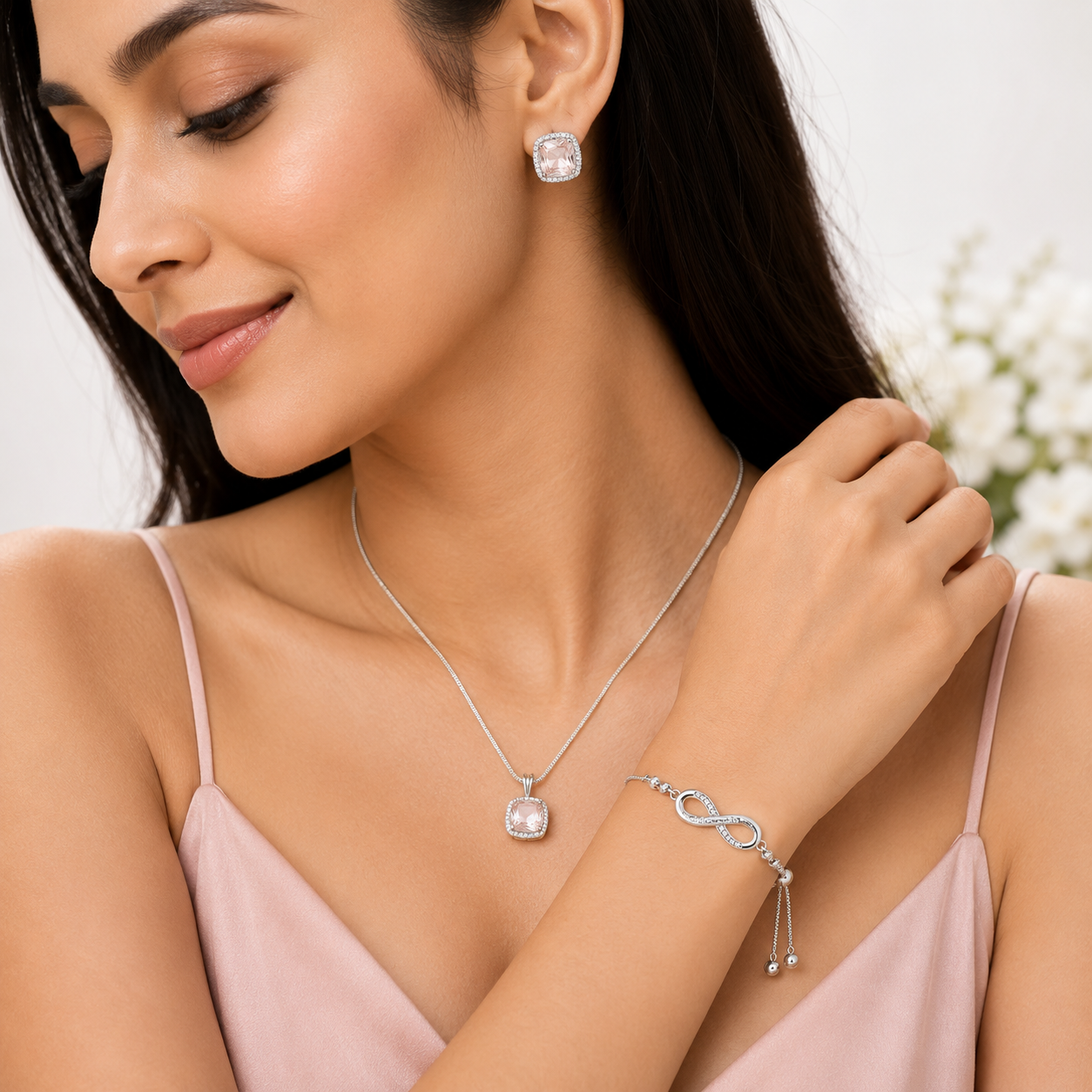 Silver-Toned Pink Crystal Pendant Necklace, Stud Earrings & Infinity Bracelet Combo Set for Women-WJ-JS26-NL0182