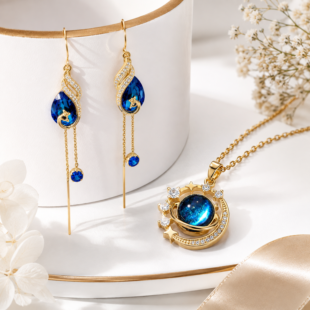 Gold-Toned Celestial Blue Stone Pendant Necklace & Long Drop Earrings Combo Set for Women-WJ-JS26-NL0183