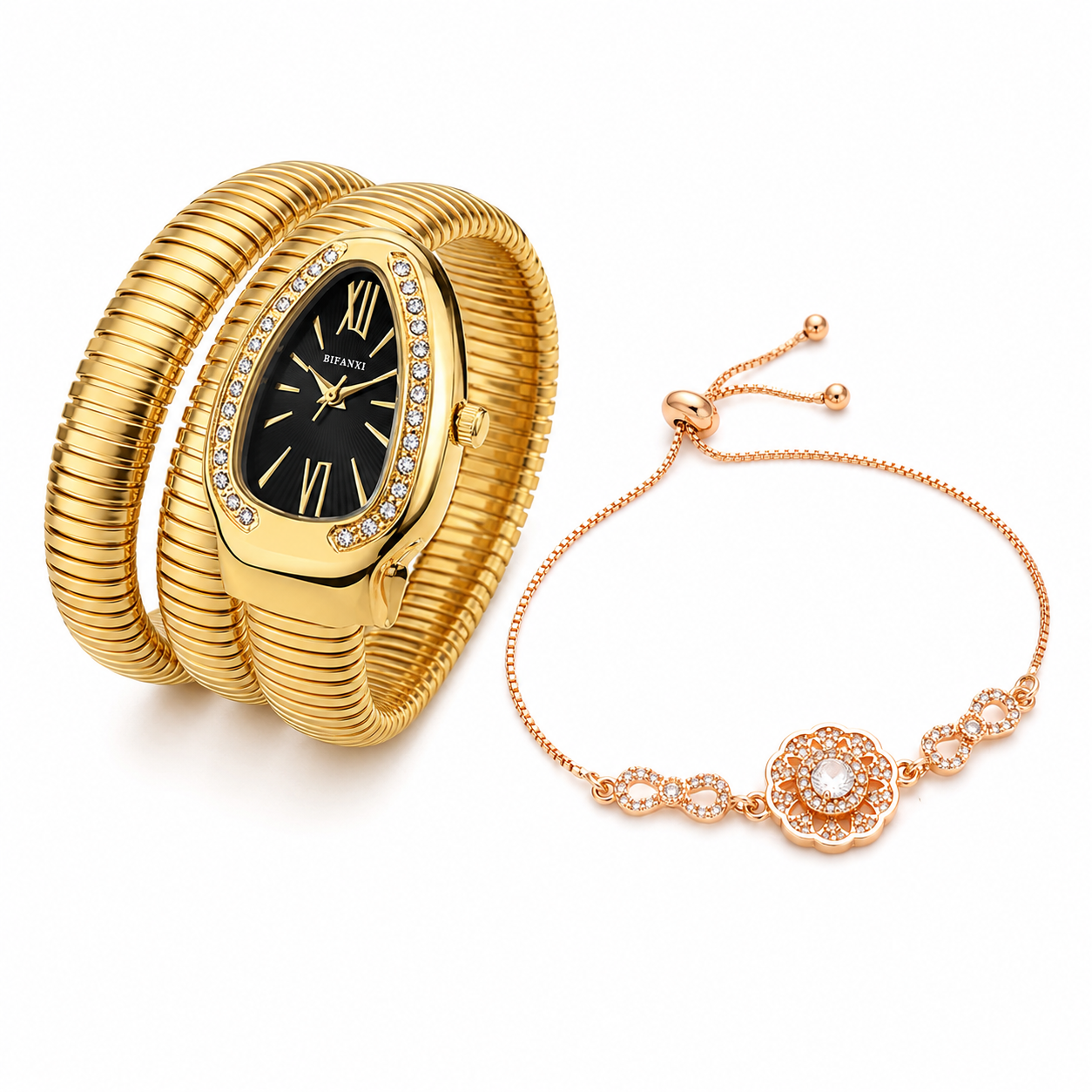 Women's Gold Spiral Watch & Rose Gold Floral Crystal Bracelet Combo-WJ-JS26-LD0027