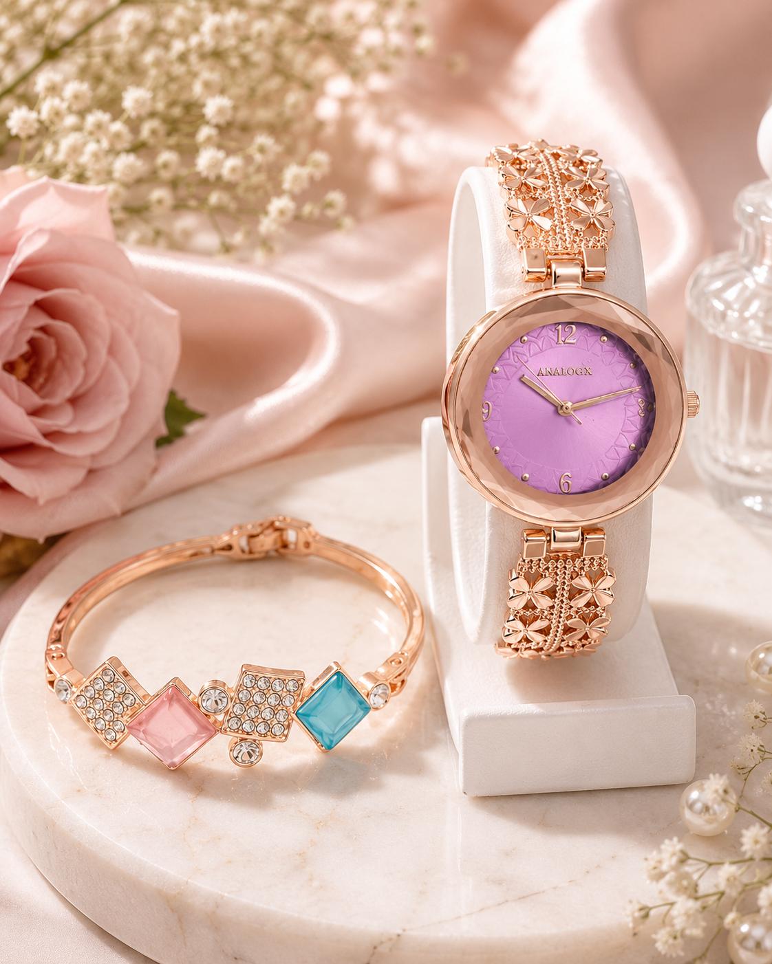 Women's Rose Gold Analog Watch & Crystal Geometric Bracelet Combo-WJ-JS26-LD0028
