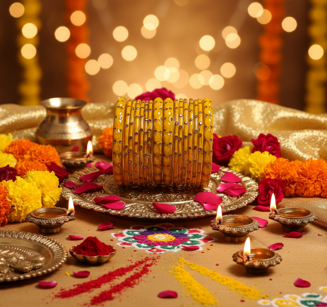 Jazz And Sizzle Set Of 16 Mustard Yellow Glass Bangles