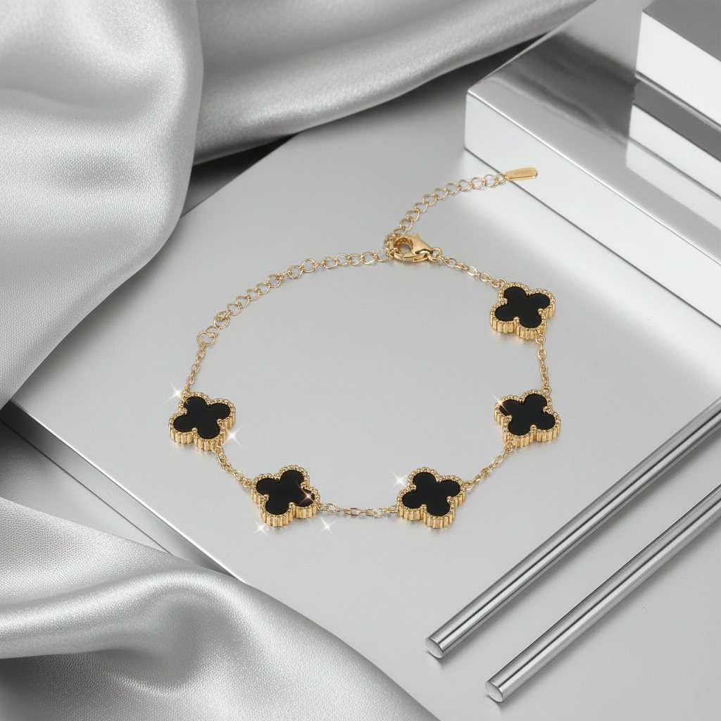 Jazz and Sizzle Trendy Gen-Z Gold Plated Stainless Steel Black Flower Charm Chain Bracelet