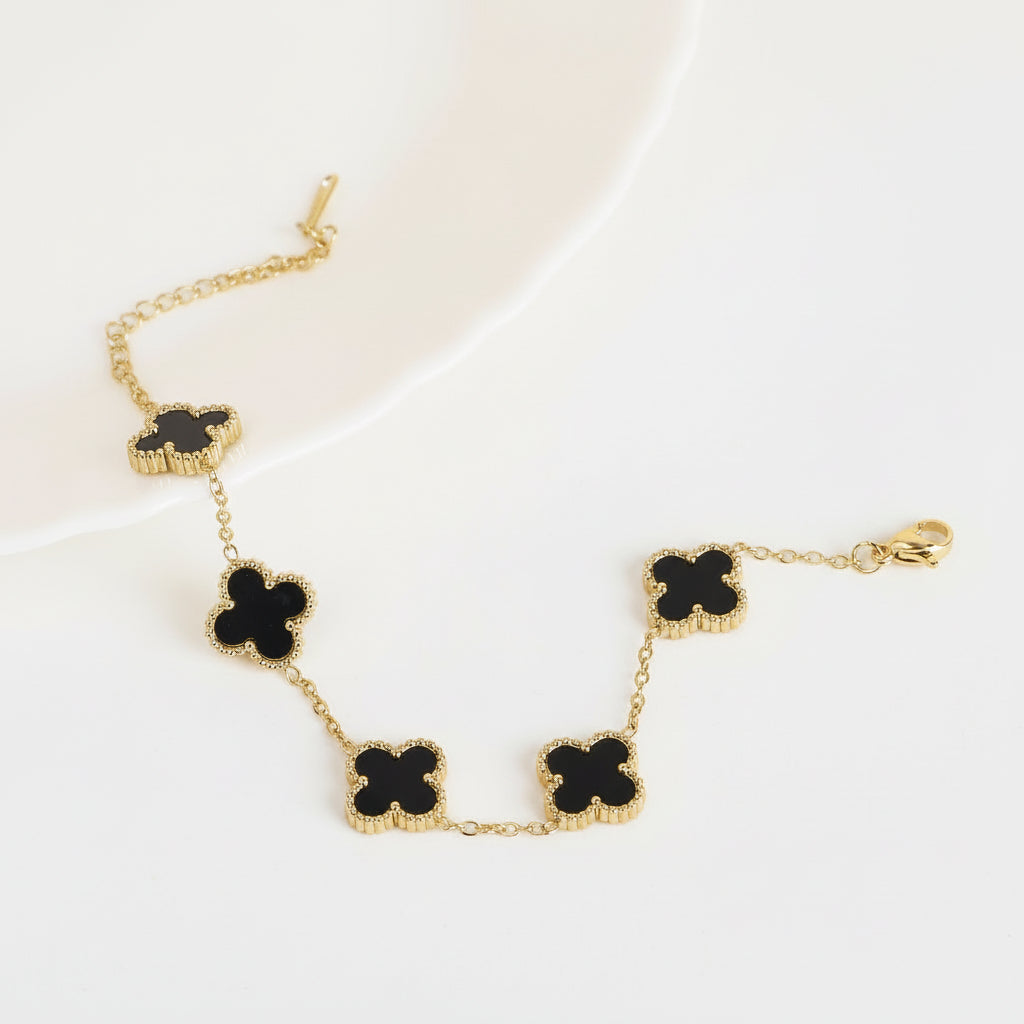 Jazz and Sizzle Trendy Gen-Z Gold Plated Stainless Steel Black Flower Charm Chain Bracelet