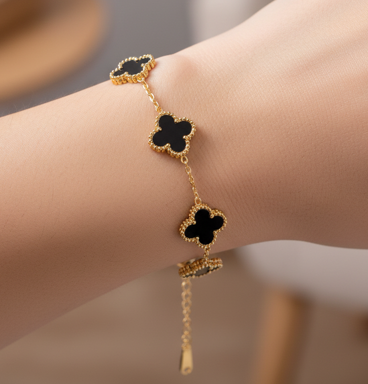 Jazz and Sizzle Trendy Gen-Z Gold Plated Stainless Steel Black Colour Flower Charm Chain Bracelet