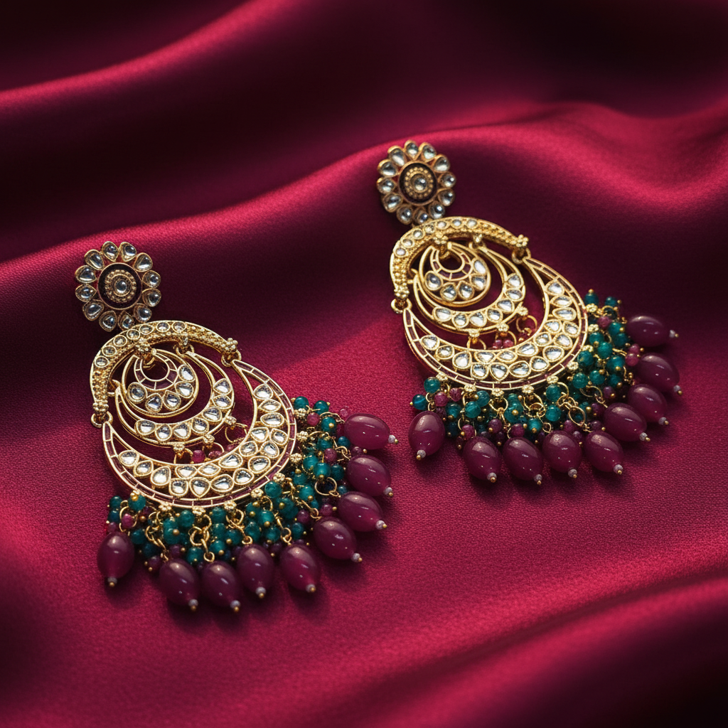 Jazz and Sizzle Royal Heritage Kundan Chand Bali Earrings With Rani & Turquoise Bead