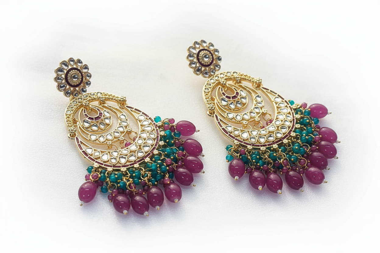 Jazz and Sizzle Royal Heritage Kundan Chand Bali Earrings With Rani & Turquoise Bead