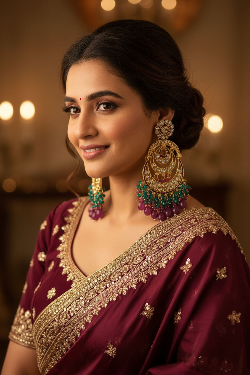 Jazz and Sizzle Royal Heritage Kundan Chand Bali Earrings With Rani & Turquoise Bead