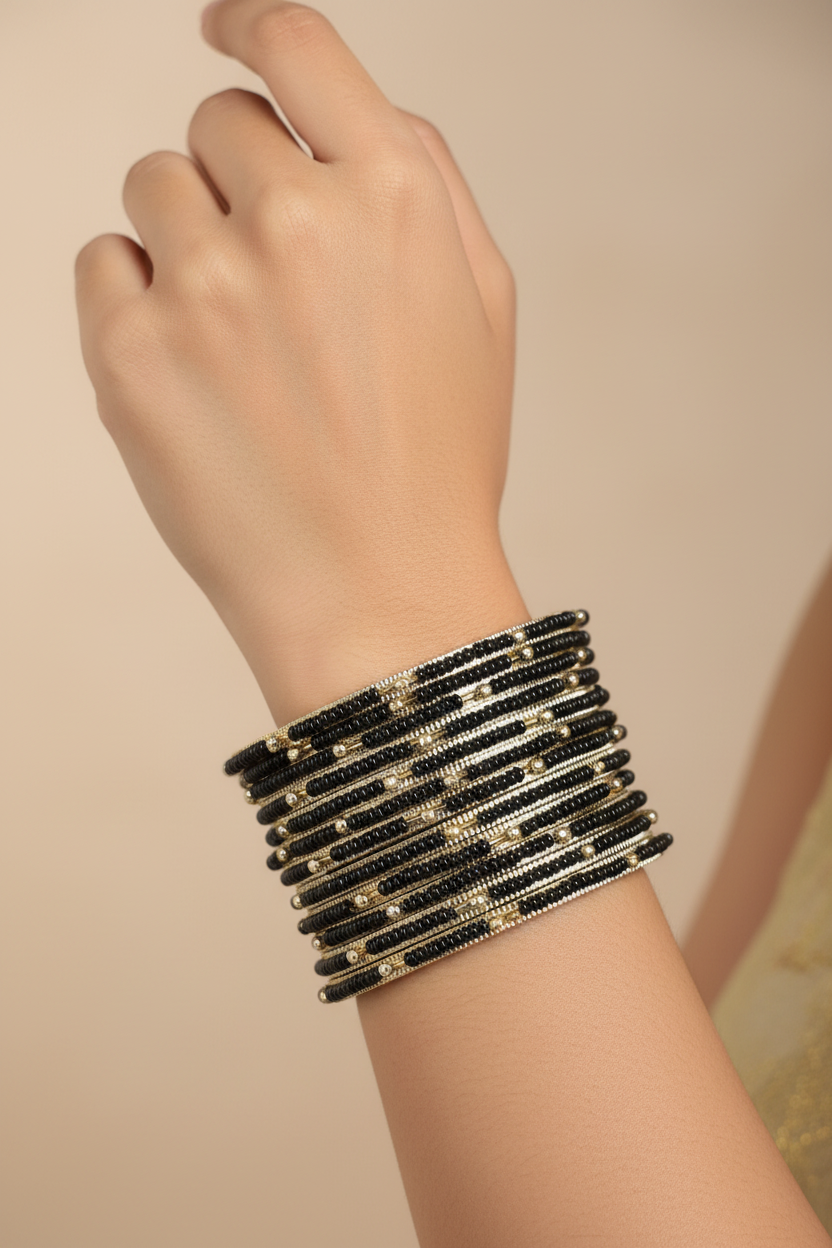 Jazz And Sizzle Set Of 4 Gold Plated & Black Stone Beaded Bangles