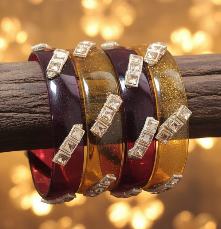 Jazz And Sizzle Set Of 4 Kundan Studded Maroon & Mustard Yellow Crystal Glass Kada Bangles