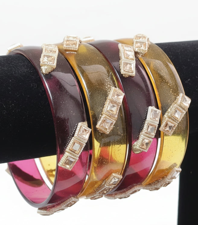 Jazz And Sizzle Set Of 4 Kundan Studded Maroon & Mustard Yellow Crystal Glass Kada Bangles