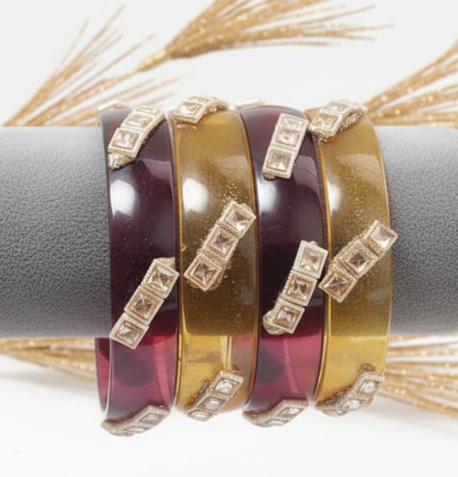 Jazz And Sizzle Set Of 4 Kundan Studded Maroon & Mustard Yellow Crystal Glass Kada Bangles
