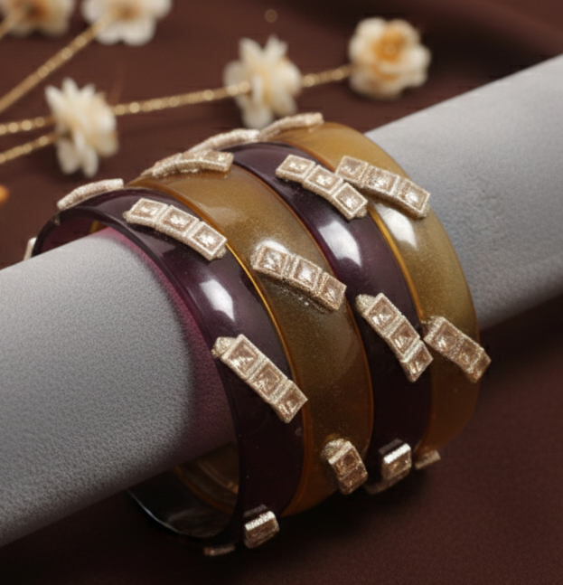 Jazz And Sizzle Set Of 4 Kundan Studded Maroon & Mustard Yellow Crystal Glass Kada Bangles