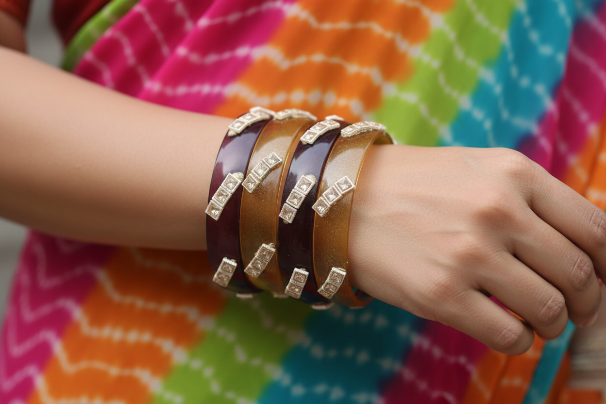 Jazz And Sizzle Set Of 4 Kundan Studded Maroon & Mustard Yellow Crystal Glass Kada Bangles