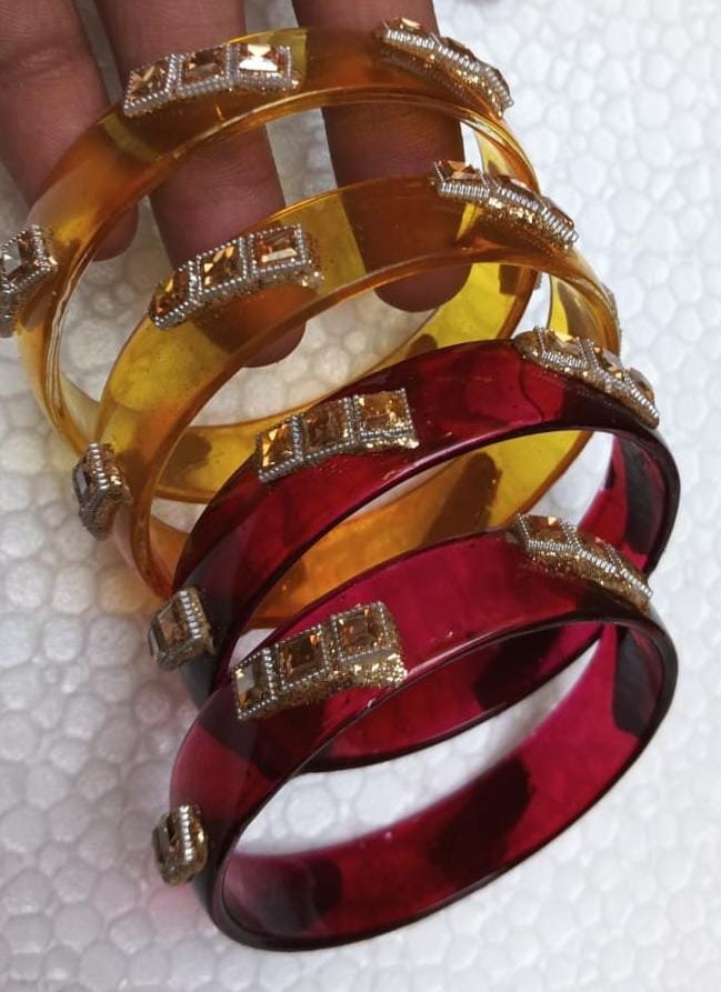 Jazz And Sizzle Set Of 4 Kundan Studded Maroon & Mustard Yellow Crystal Glass Kada Bangles