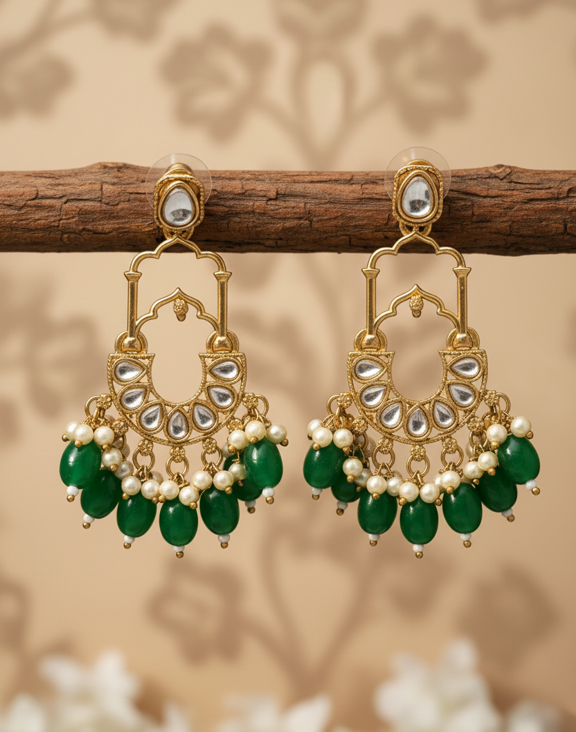 Jazz and Sizzle Gold-Plated Traditional Kundan & Green Pearl Beaded Chandbali Drop Earrings for Women