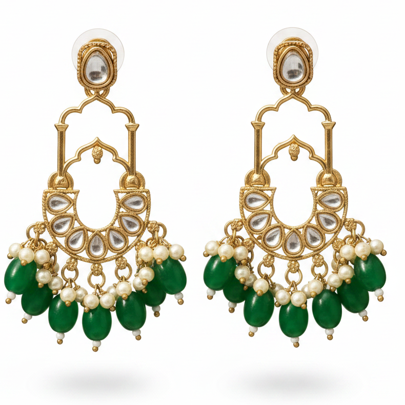 Jazz and Sizzle Gold-Plated Traditional Kundan & Green Pearl Beaded Chandbali Drop Earrings for Women