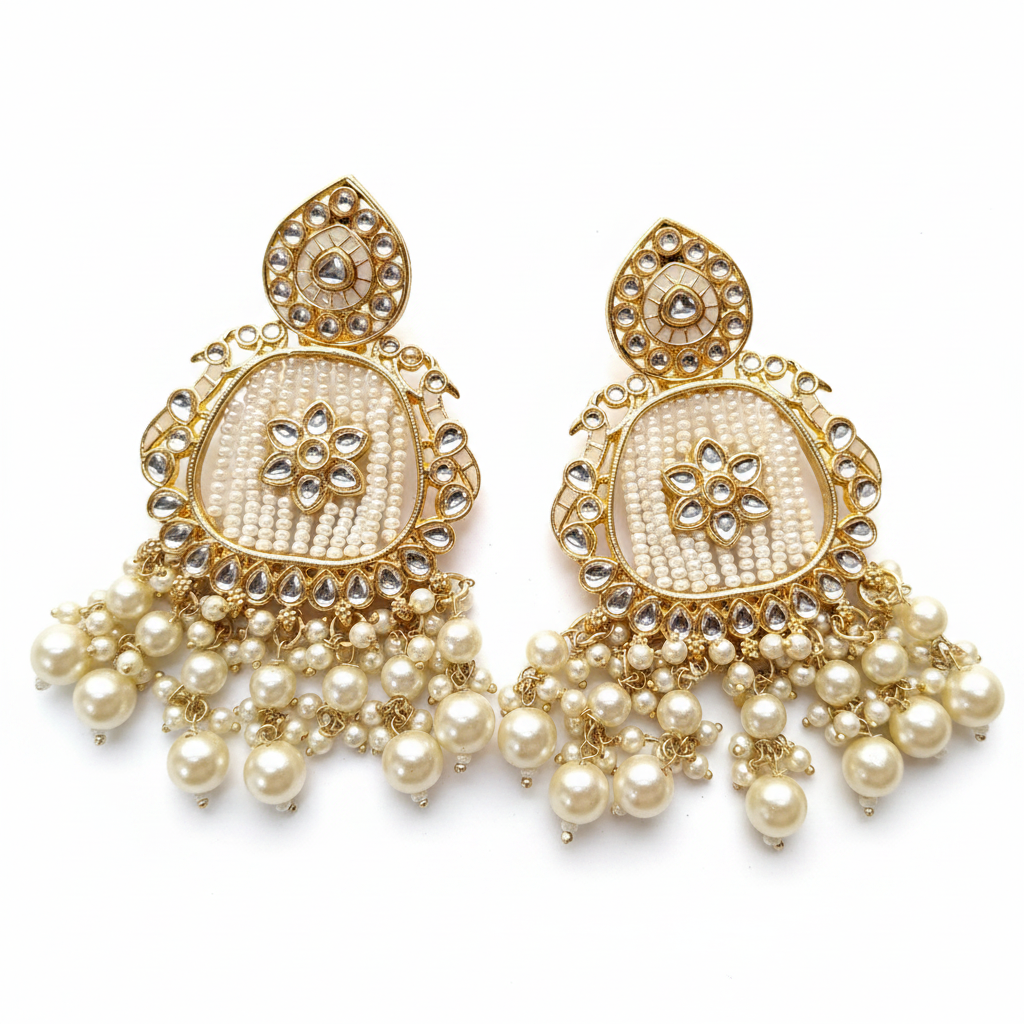 Jazz and Sizzle White Kundan Stone Studded & Pearl Beaded Chandbali Earring