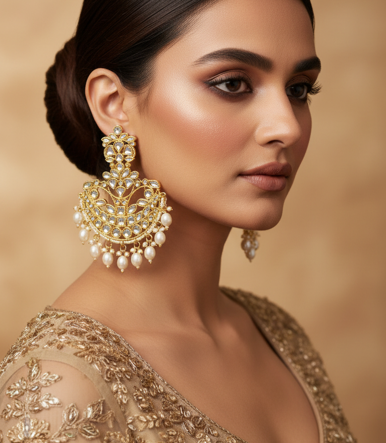 Jazz and Sizzle Gold-Plated Antique Kundan Chandbali Earrings with Cascading Pearl Drops