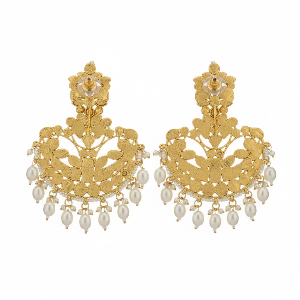 Jazz and Sizzle Gold-Plated Antique Kundan Chandbali Earrings with Cascading Pearl Drops